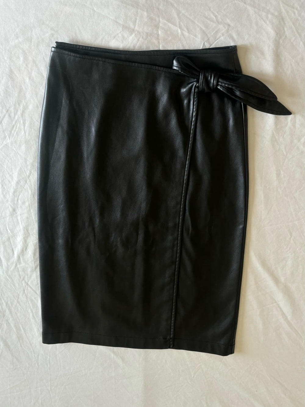 7 For All Mankind Black Faux Leather Wrap Midi Skirt with Side Knot Size S